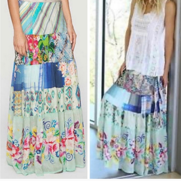Johnny Was Sundance Mercardo Flowy Silk FloralPatchwork Maxi Skirt M